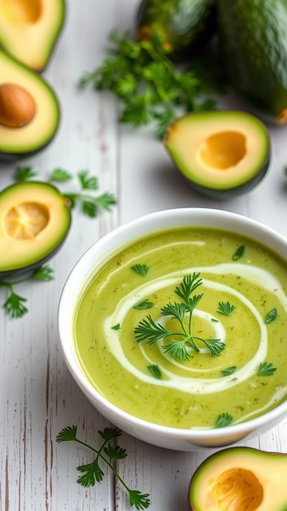 Chilled cucumber and avocado soup in a white bowl garnished with dill, surrounded by fresh cucumbers and avocados.